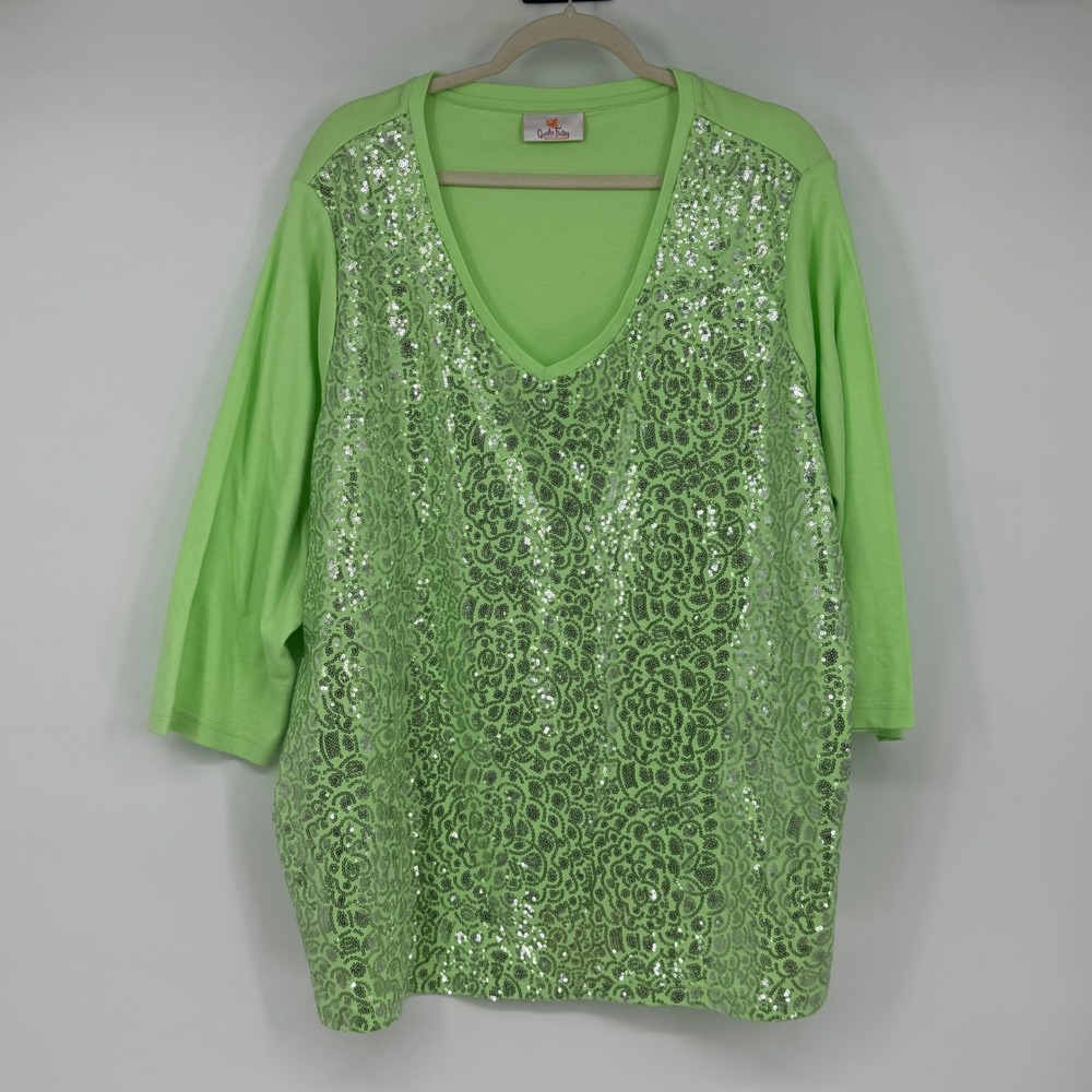 Quacker Factory Lime Green Sequin V-Neck 3/4 Sleeve Top Plus Size Sparkle‎
